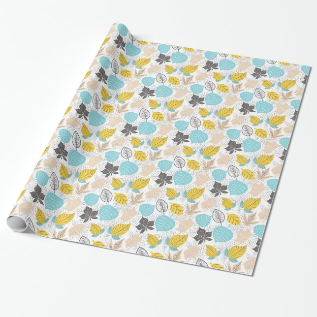 Whimsical Autumn Leaves Pattern | Blue and Yellow Wrapping Paper (Unrolled)