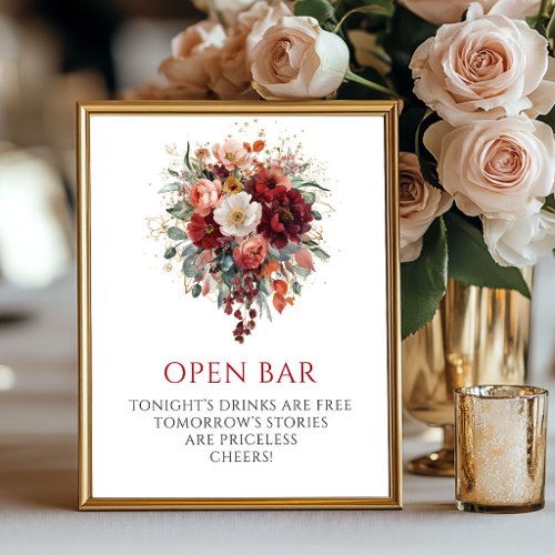 Whimsical Autumn Maroon Flowers Open Bar Sign