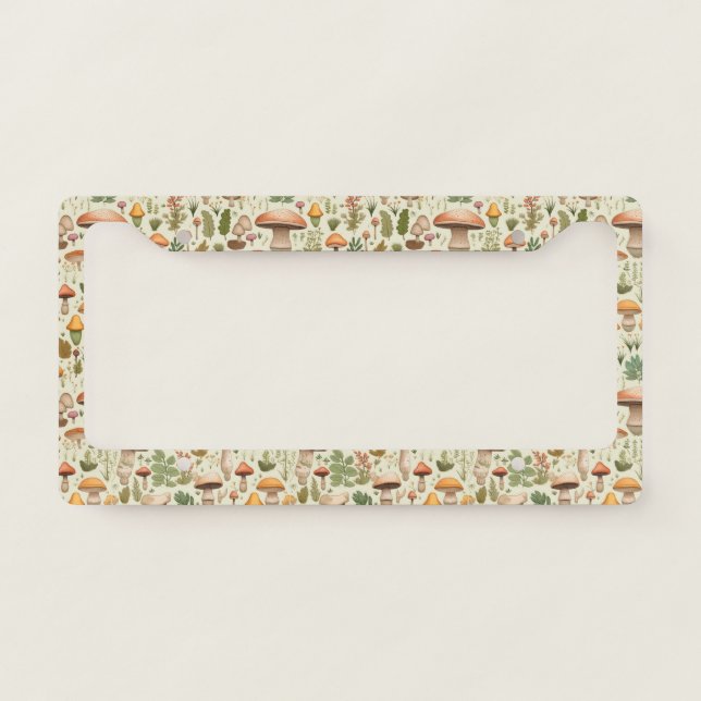 Whimsical Autumn Mushroom Forest Seamless Pattern License Plate Frame (Front)