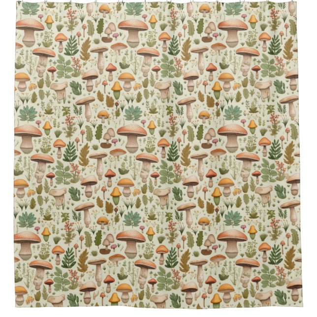 Whimsical Autumn Mushroom Forest Seamless Pattern Shower Curtain (Front)