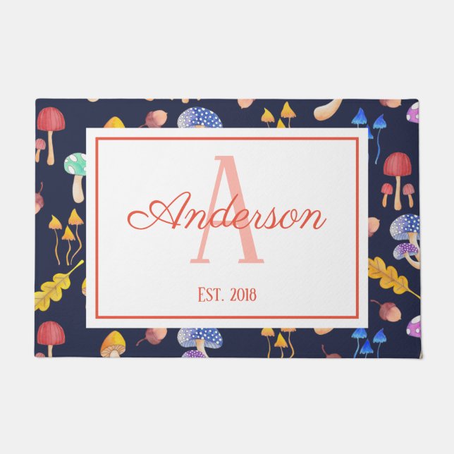 Whimsical Autumn Mushrooms | Personalized Doormat (Front)