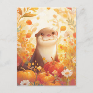 Whimsical Autumn Otter and Pumpkin Meadow Postcard