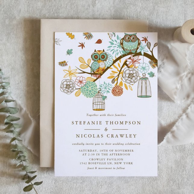 Whimsical Autumn Owls Engagement Party Invitation (Ornate Owls and Autumn Flowers Wedding Invitation)