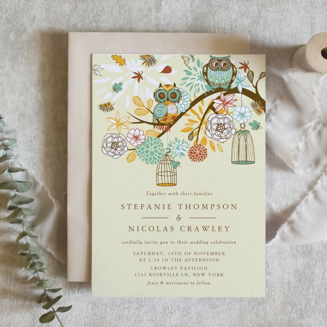 Whimsical Autumn Owls Rehearsal Dinner Invitation (Vintage Ornate Owls and Autumn Flowers Wedding Invitation)