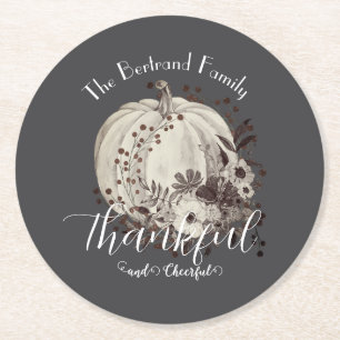 Whimsical Autumn Pumpkin Thanksgiving Monochrome Round Paper Coaster