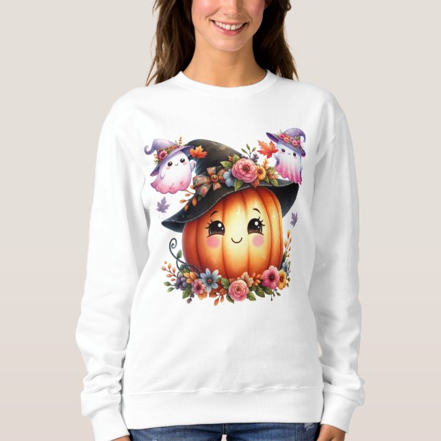 Whimsical Autumn Pumpkin Witch Design Sweatshirt (Front)