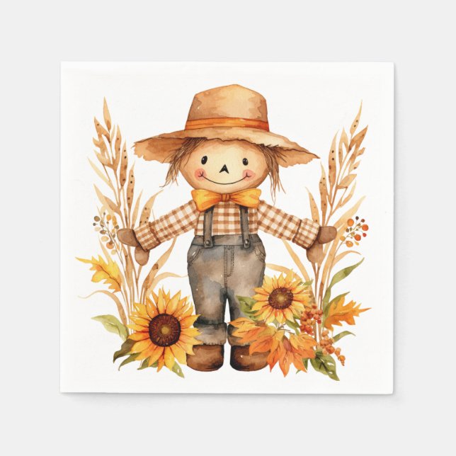 Whimsical Autumn Scarecrow, Sunflowers, Fall Leave Napkins (Front)