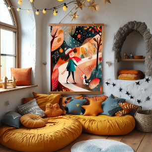 Whimsical Autumn Walk Illustration Hanging Tapestry
