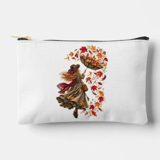Whimsical Autumn Woman with Upside-Down Umbrella Accessory Pouch
