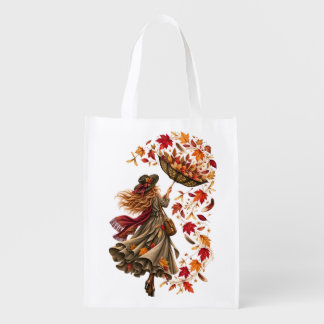 Whimsical Autumn Woman with Upside-Down Umbrella Grocery Bag
