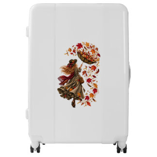Whimsical Autumn Woman with Upside-Down Umbrella Luggage