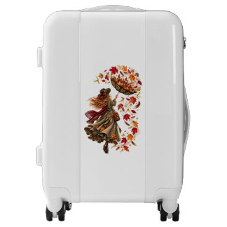 Whimsical Autumn Woman with Upside-Down Umbrella Luggage