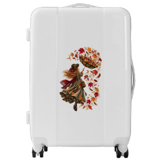 Whimsical Autumn Woman with Upside-Down Umbrella Luggage