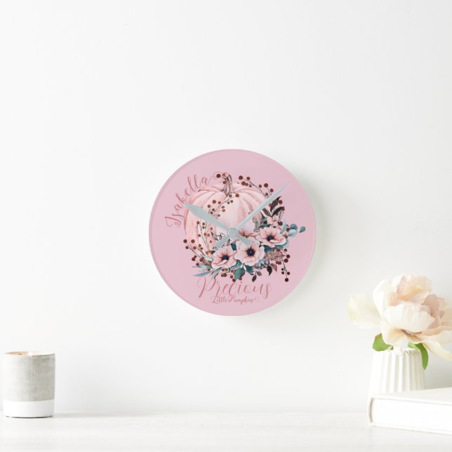 Whimsical Autumnal Pink Pumpkin Floral  Round Clock (Home)