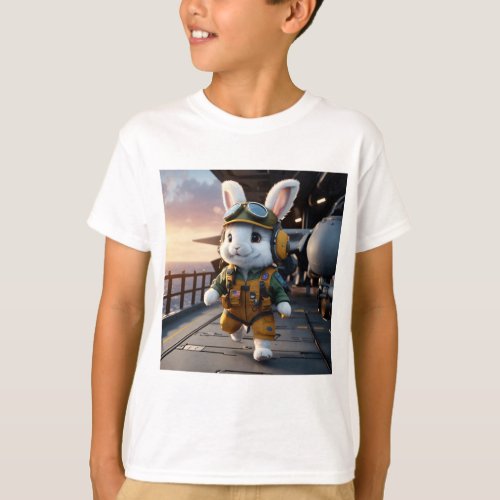 Whimsical Aviator Fluffy Rabbit Pilot on Militar T_Shirt