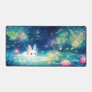 Whimsical Axolotl in Magical Glowing Lotus Flower Desk Mat