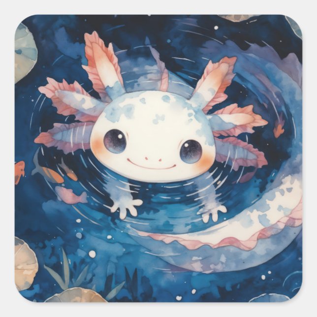 Whimsical Axolotl in Moonlit Waters Square Sticker (Front)
