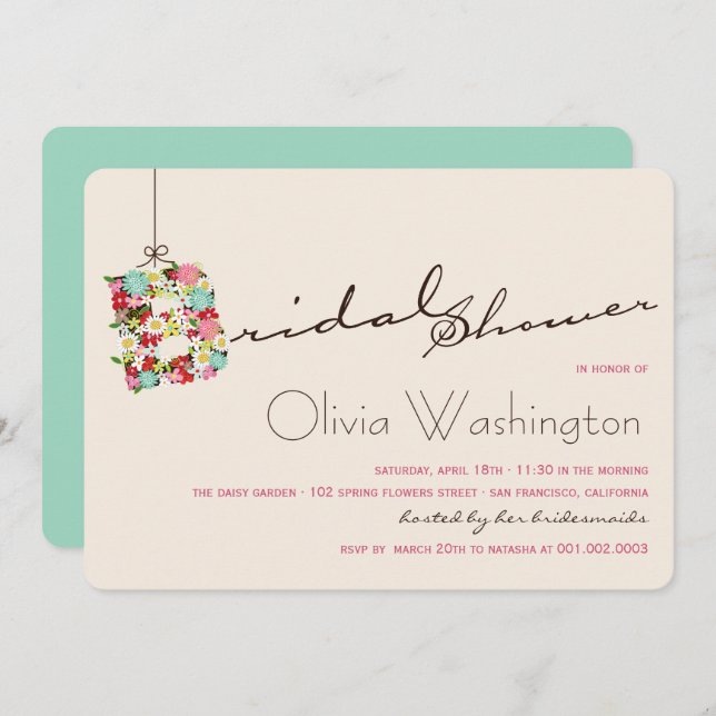 Whimsical B Spring Flowers Bridal Shower Invite (Front/Back)