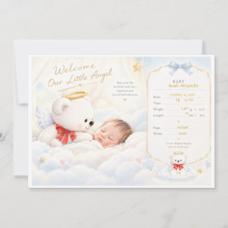 Whimsical Baby Angel Bear Birth Announcement