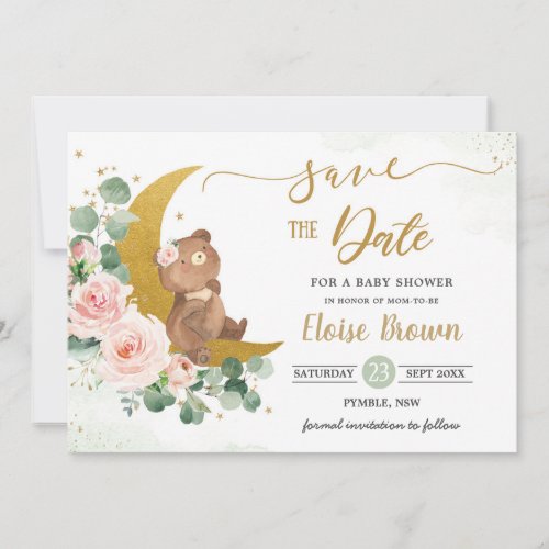 Whimsical Baby Bear Crescent Moon Blush Floral  Save The Date