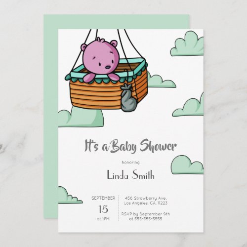 Whimsical Baby Bear in Ballon Basket Baby Shower Invitation