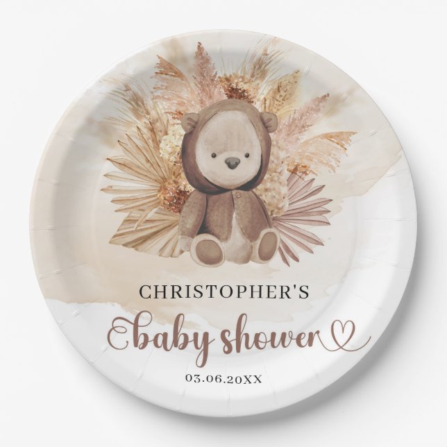 Whimsical baby bear pampas grass gender neutral paper plates (Front)