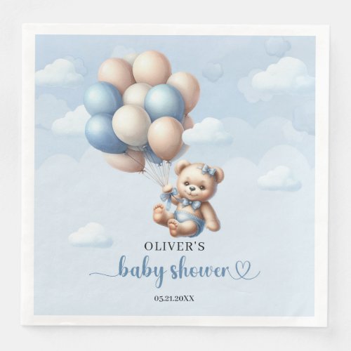 Whimsical baby bear with blue and ivory balloons paper dinner napkins