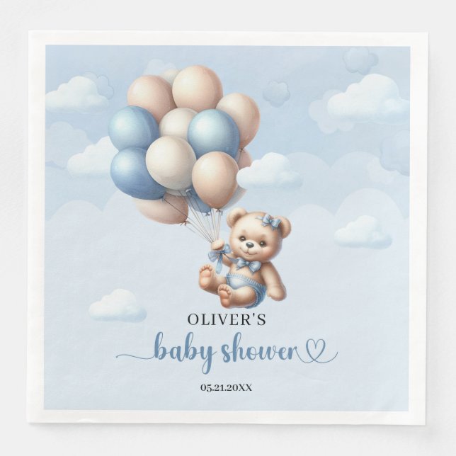Whimsical baby bear with blue and ivory balloons paper dinner napkins (Front)