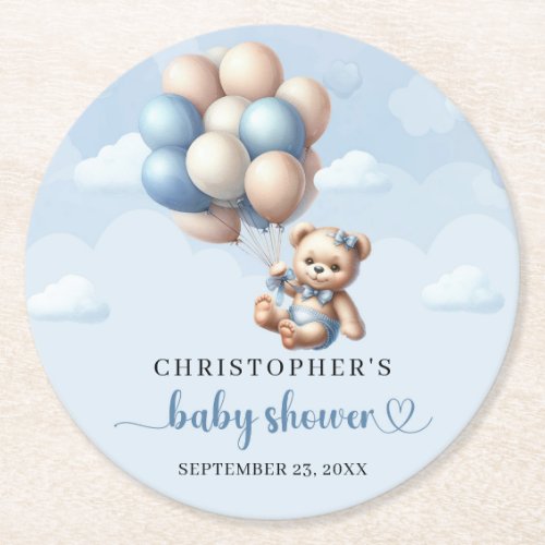 Whimsical baby bear with blue and ivory balloons  round paper coaster
