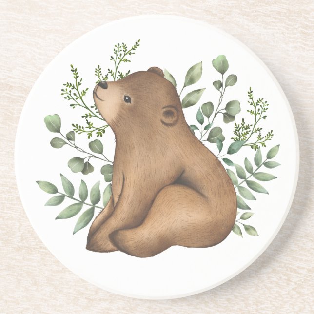 Whimsical Baby Bear Woodland Forest Greenery Coaster (Front)