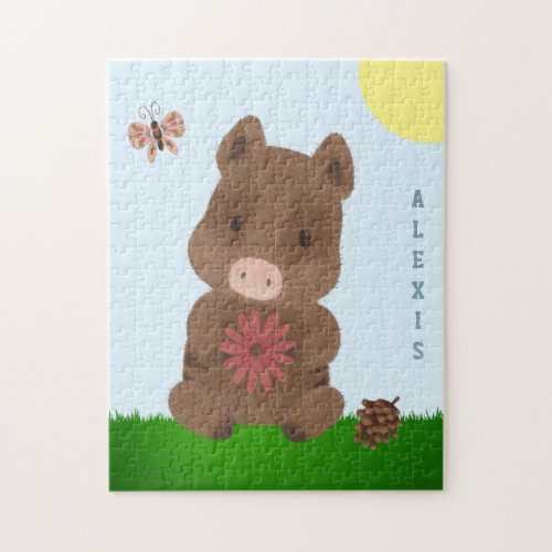 Whimsical Baby Boar Flower Sun Butterfly Kid Name  Jigsaw Puzzle