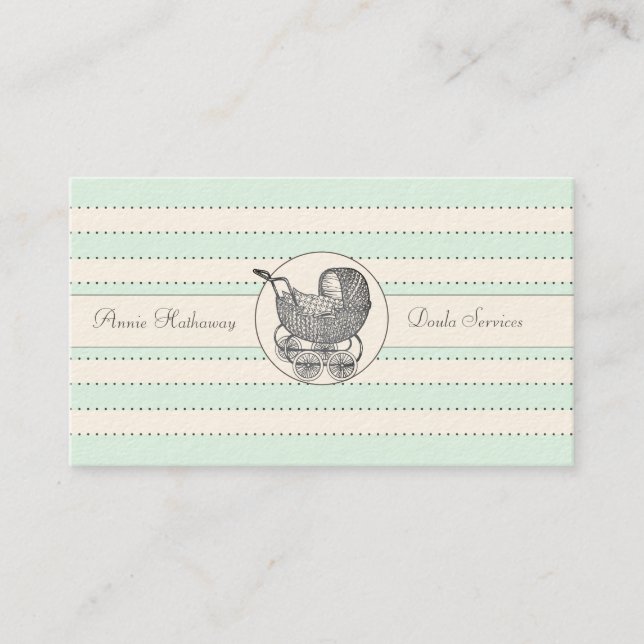 Whimsical Baby Buggy Blue Green Birthing Services Business Card (Front)