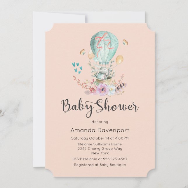 Whimsical Baby Bunny in a Balloon Baby Shower Invitation (Front)