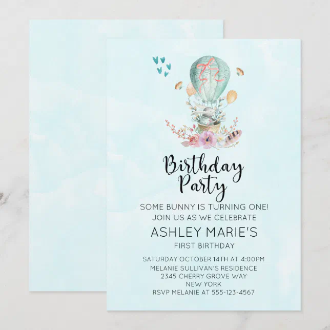 Whimsical Baby Bunny in a Balloon Birthday Party Invitation | Zazzle