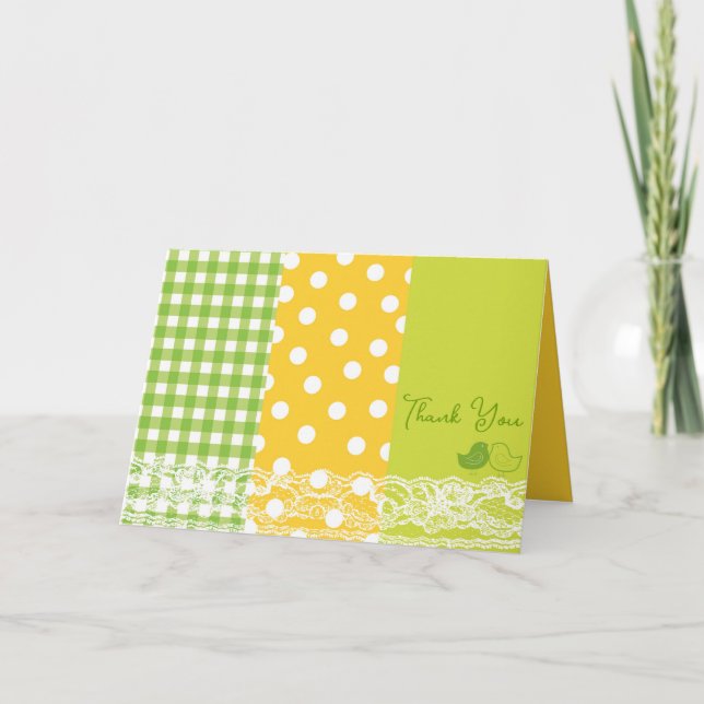 Whimsical Baby Chicks Green Plaids Polka Dots Lace Thank You Card (Front)