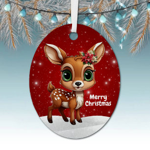 Whimsical Baby Deer Snowy Christmas Berry Red 🎄🦌 Metal Ornament