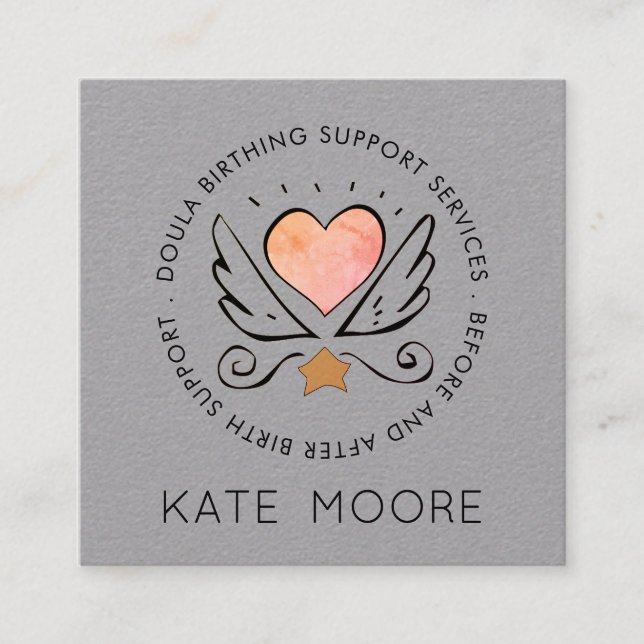 Whimsical Baby Doula Birth Coach On Gray Square Business Card (Front)