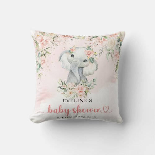 Whimsical baby elephant blush floral eucalyptus throw pillow