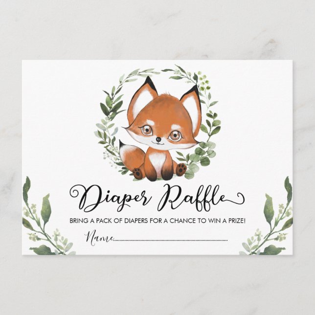 Whimsical Baby Fox Greenery Wreath Diaper Raffle Enclosure Card (Front)