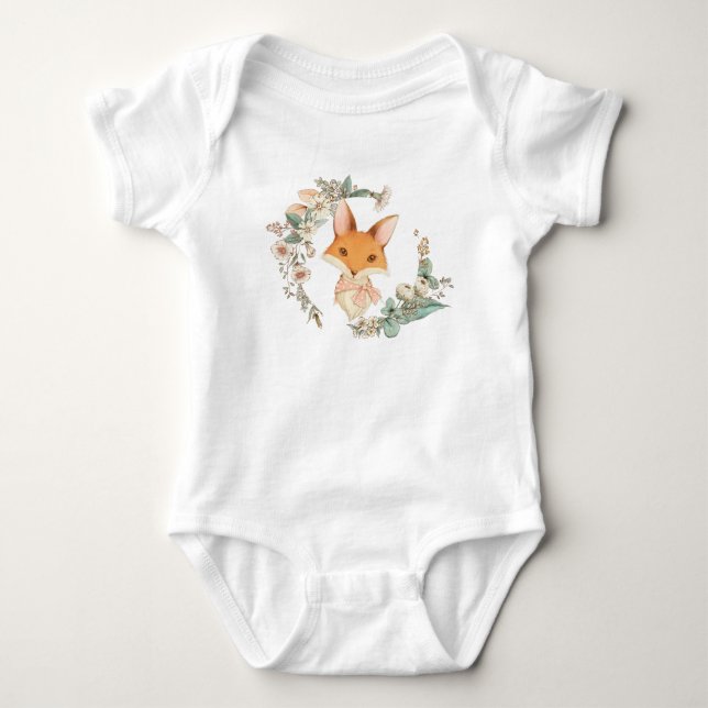 Whimsical Baby Girl Fox in Floral Wreath Baby Bodysuit (Front)