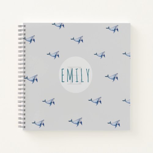 Whimsical baby girl watercolour whale monogram  notebook