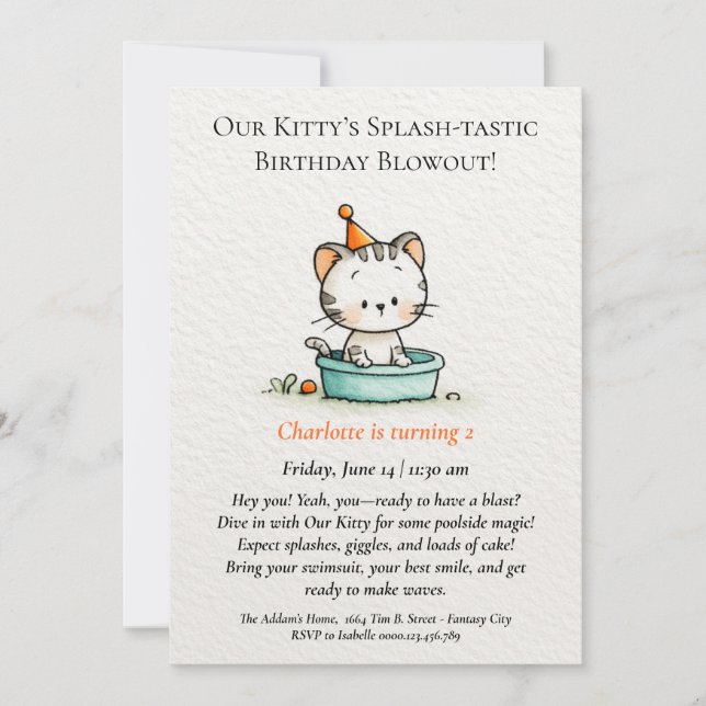 Whimsical Baby Kitty Birthday Invitation (Front)