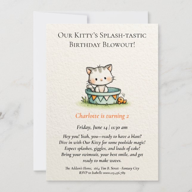 Whimsical Baby Kitty Birthday Invitation (Front)