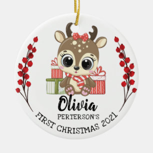 Whimsical Baby Moose Baby's 1st Christmas Ceramic Ornament