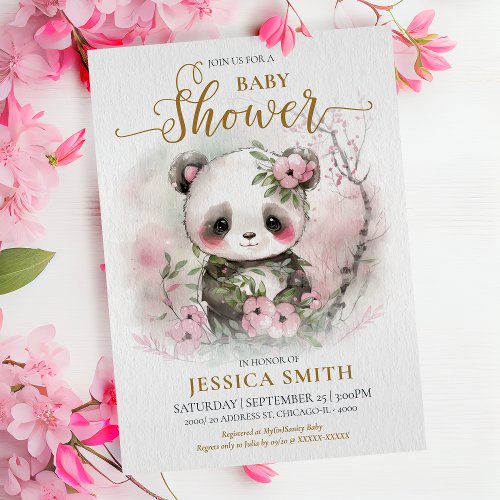Whimsical Baby Panda  Cherry Blossom Baby Shower Invitation