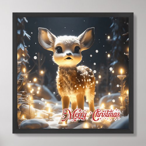 Whimsical baby reindeer in Christmas night Framed Art