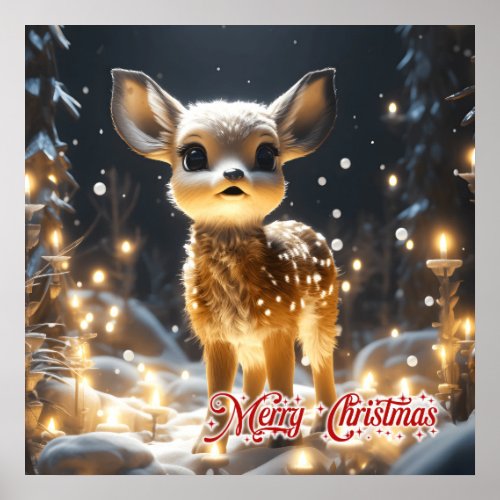 Whimsical baby reindeer in Christmas night Poster