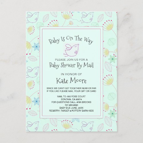 Whimsical Baby Shower By Mail Baby Bird Floral Invitation Postcard