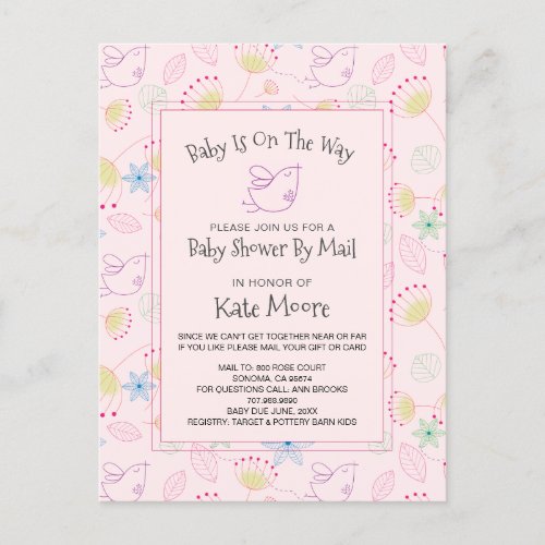 Whimsical Baby Shower By Mail Bird Floral Pink Invitation Postcard