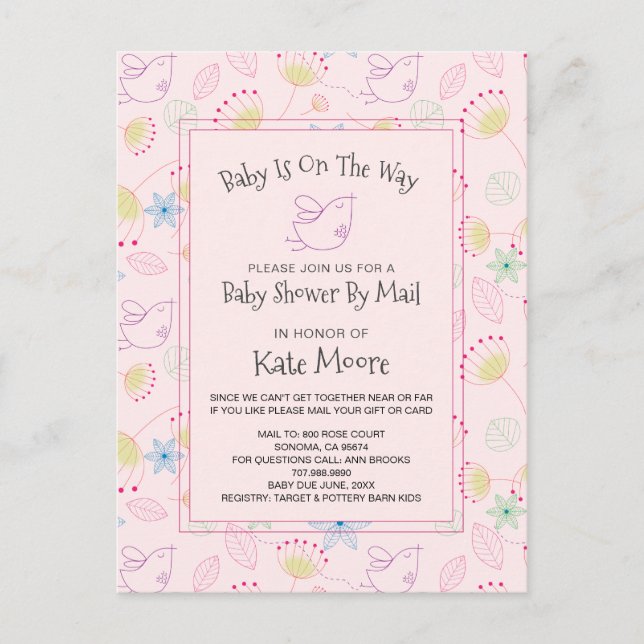 Whimsical Baby Shower By Mail Bird Floral Pink Invitation Postcard (Front)